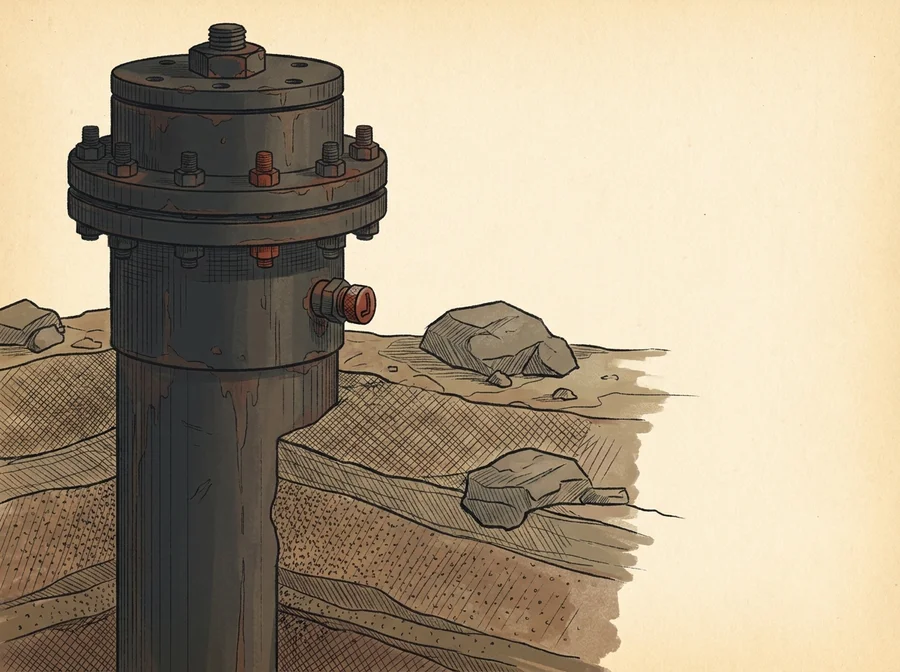 Illustration of a well casing stub and cap set into open ground, closely cropped