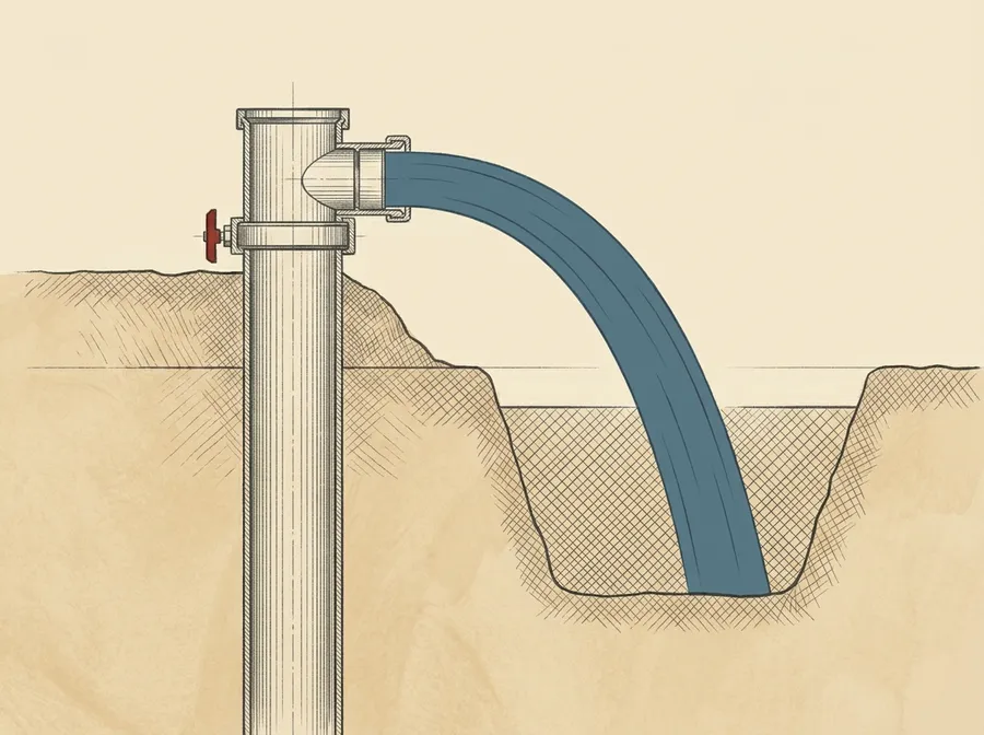 Illustration of a flow-test discharge, water moving from a pipe fitting into open ground