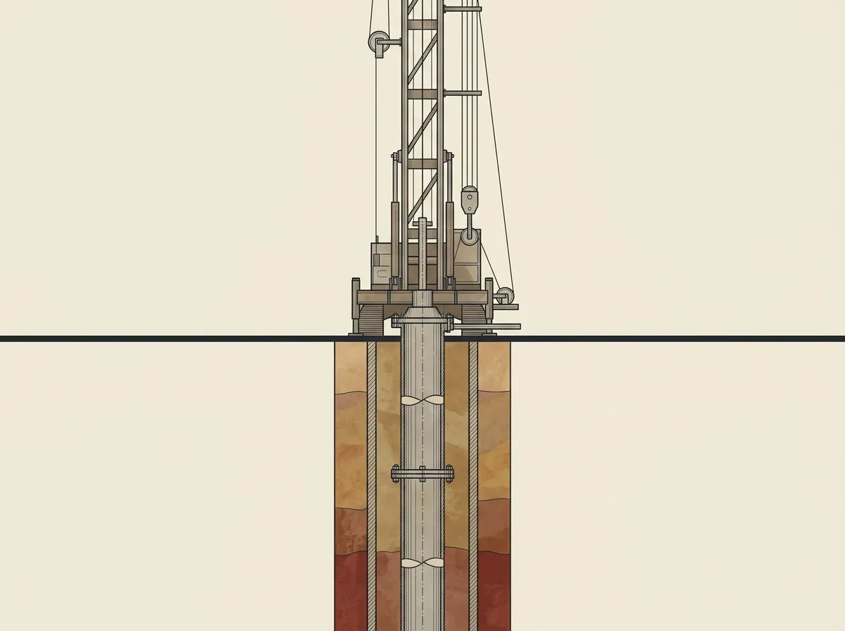 Fine-line technical illustration of a drill rig mast rising over open ground, with a cross-section well bore beneath grade