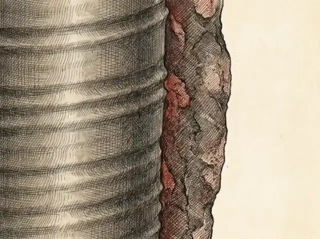 Extreme close-up illustration of steel well casing texture and bentonite seal material